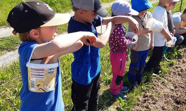 Kinder stehen in einer Reihe, halten Eimer und streuen Samen in einen Garten. Der sonnige Frühlingstag zeigt saftig grünes Gras im Hintergrund.